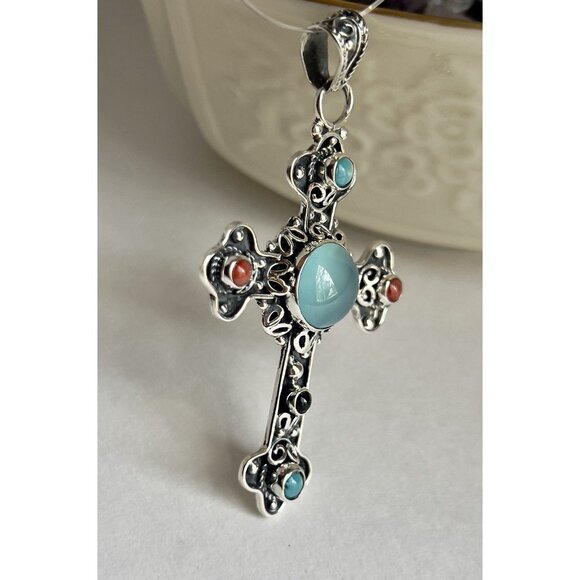 Handcrafted Agate Cut Gemstone Cross 925 Sterling Silver - Picture 2 of 16